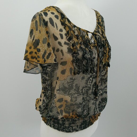 Vtg New York City Design Co Sheer Top Size S Leopard Lace Print Ruffle Tie Front - Picture 4 of 10